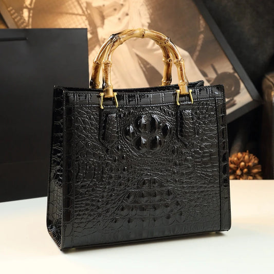 Bolso de mano de piel auténtica de bambú para mujer
