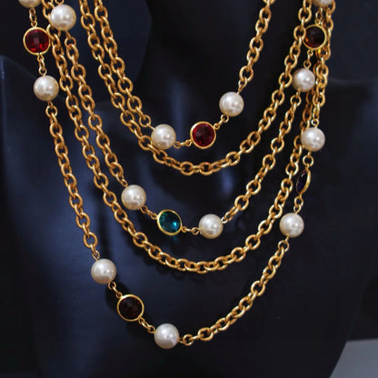 Retro plain gold multi-layer crystal glass pearl niche necklace