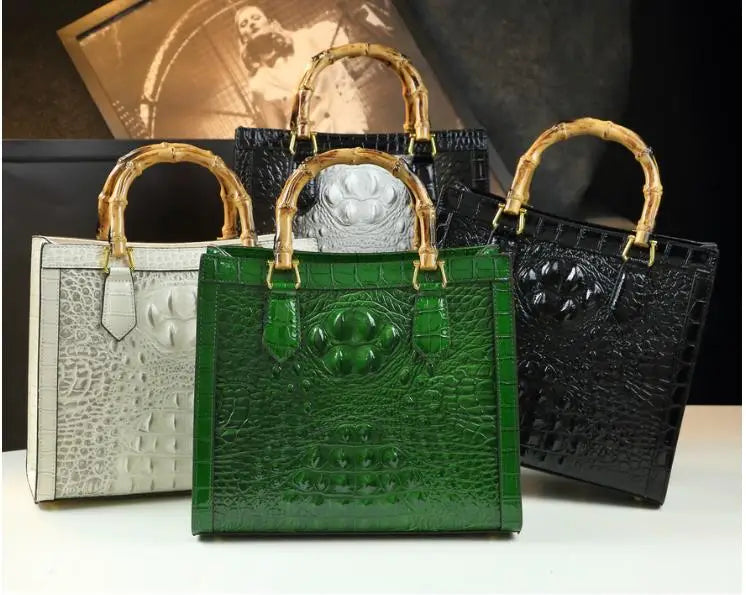 Bolso de mano de piel auténtica de bambú para mujer