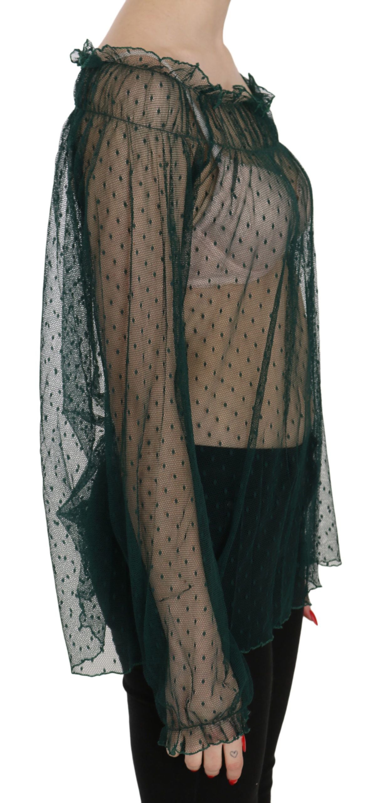 PINK MEMORIES Green Mesh See Through Long Sleeve Top Blouse