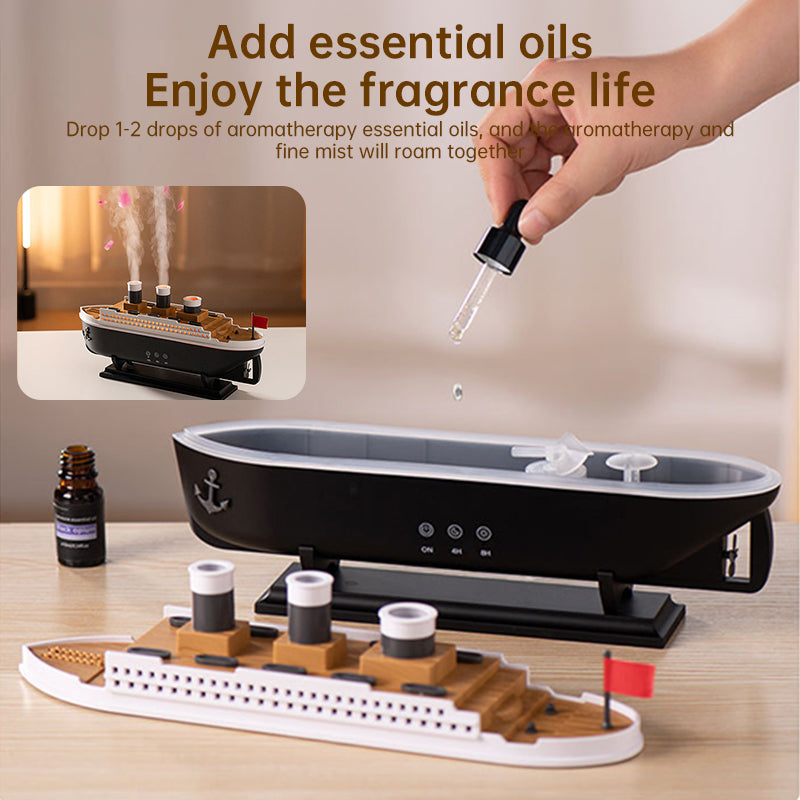 Humidificador modelo barco Titanic (250ml). Difusor de aceites esenciales con spray de anillo de humo de medusa para aromatizar el hogar.