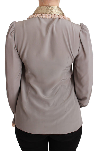 Dolce & Gabbana Gray Silk Gold Sequin Lace Blouse Shirt