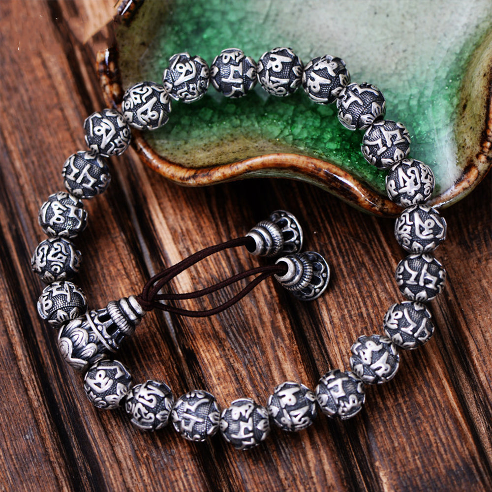 Pulsera de mantra budista de plata fina 999 maciza con cuentas de Buda para joyería vintage unisex, elástica, 17-22 cm