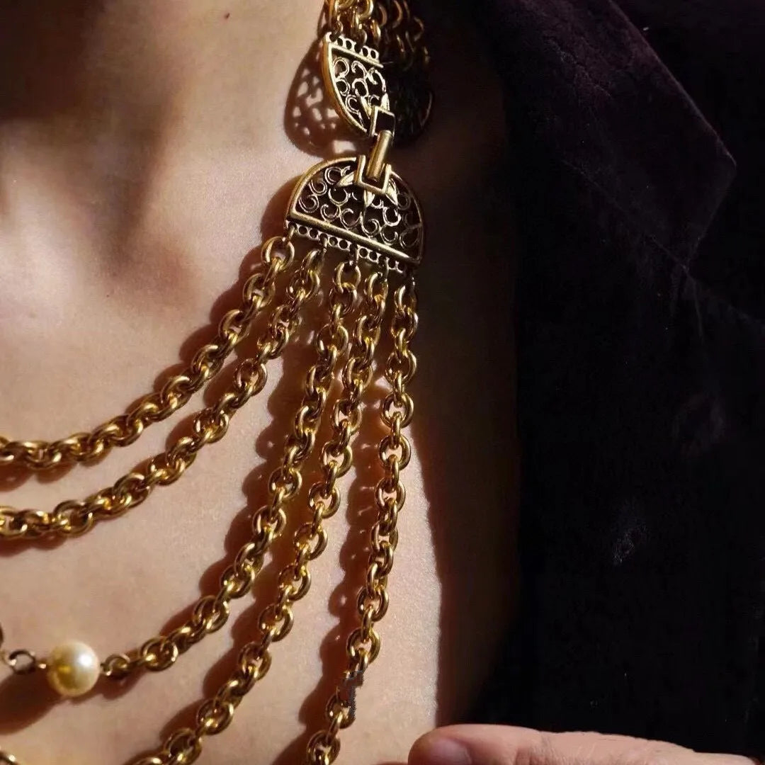 Retro plain gold multi-layer crystal glass pearl niche necklace