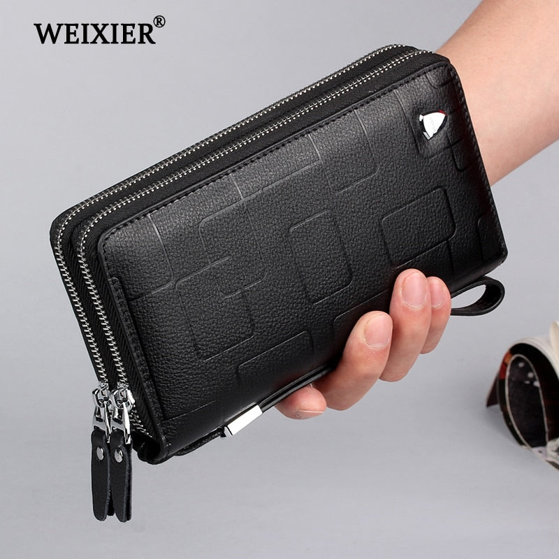 Cartera WEIXIER de cuero genuino para teléfono móvil, con cremallera para hombre, monedero de negocios