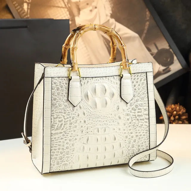 Bolso de mano de piel auténtica de bambú para mujer
