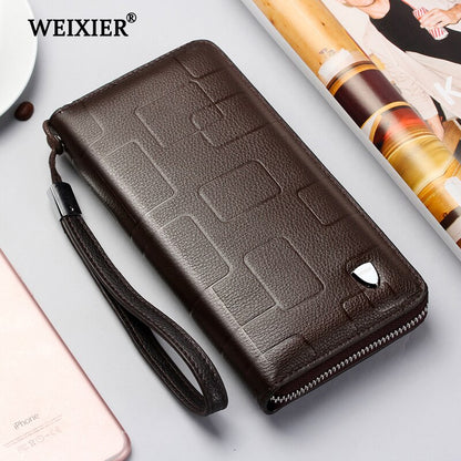 Cartera WEIXIER de cuero genuino para teléfono móvil, con cremallera para hombre, monedero de negocios