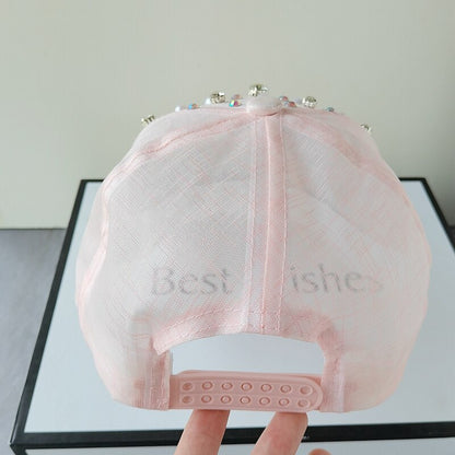 Gorra de béisbol con perlas y diamantes de imitación para mujer y niña, ajustable, color blanco y rosa, a la moda, de alta calidad
