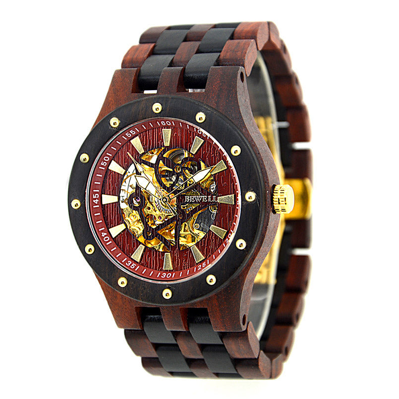 Reloj de madera BEWELL, reloj mecánico hueco automático de lujo superior, relojes de pulsera vintage para hombre de negocios.
