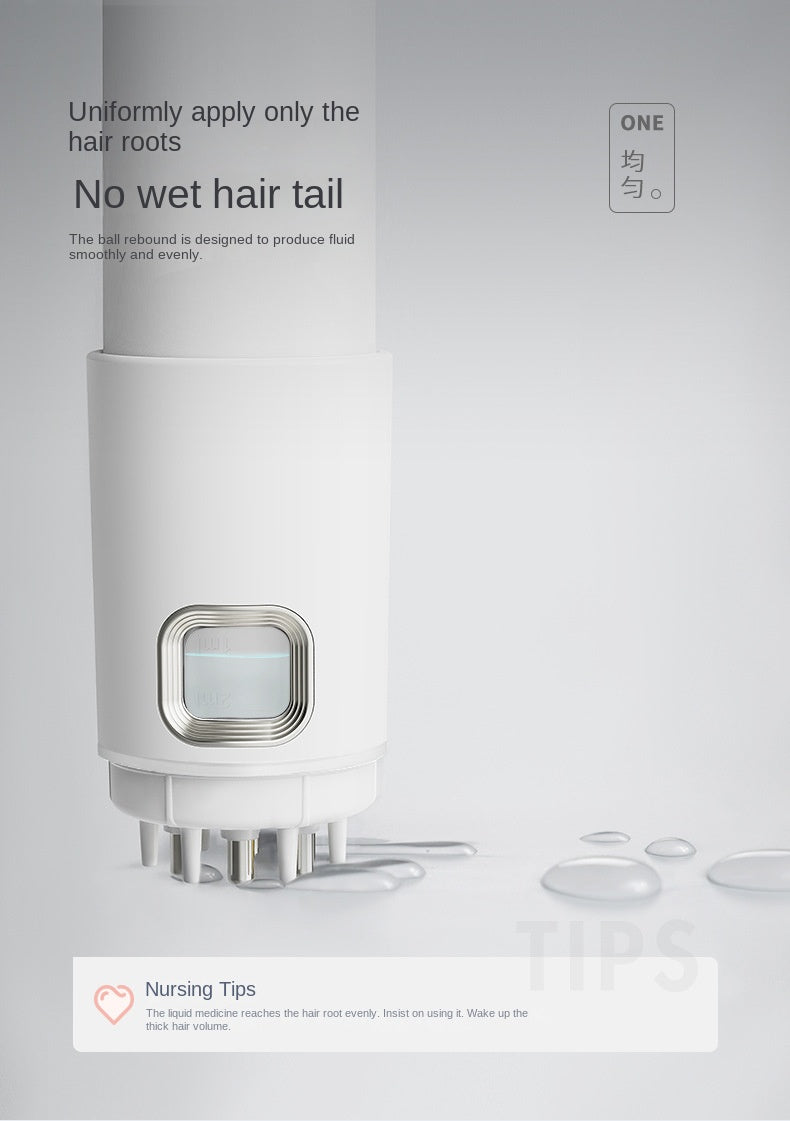Dispositivo de medicina para el cuero cabelludo. Aporta líquido para el cuidado del cabello, peine medicinal