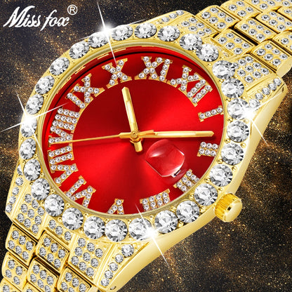MISSFOX 2643Re Relojes para Hombre. Moderno simulando Diamante. Resistente al Agua. Oro de 18k Reloj Analógico de Cuarzo