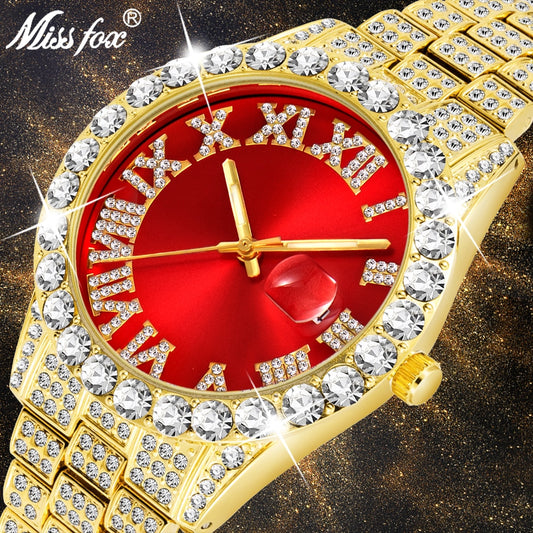 MISSFOX 2643Re Relojes para Hombre. Moderno simulando Diamante. Resistente al Agua. Oro de 18k Reloj Analógico de Cuarzo