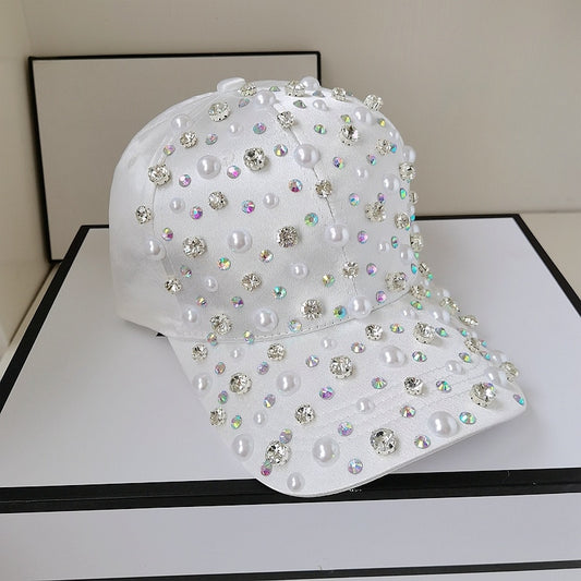 Gorra de béisbol con perlas y diamantes de imitación para mujer y niña, ajustable, color blanco y rosa, a la moda, de alta calidad