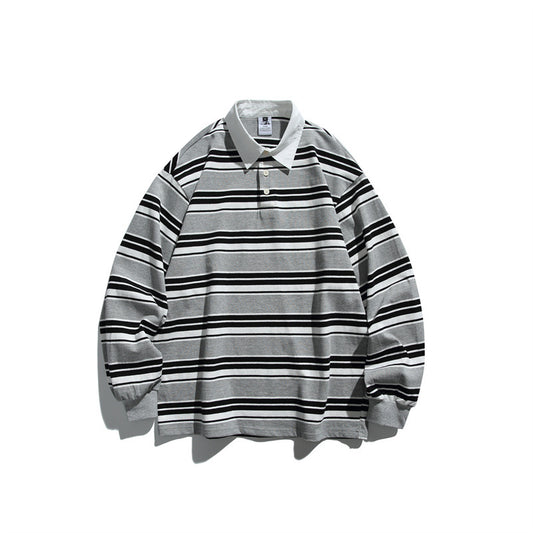 Camiseta informal de cuello polo estilo perezoso para hombre, sudadera a rayas