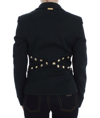 Exte Black Cotton Stretch Gold Studded Blazer Jacket