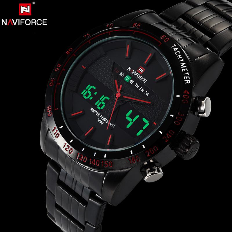 NAVIFORCE Stainless Steel Quartz Watch Men Digital LED Sports Wristwatch
