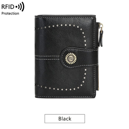 Cartera RFID para mujer, tarjetero corto de piel encerada, billetera cero, billetera moderna con hebilla y cremallera