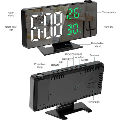 Reloj despertador con proyección LED para el hogar: hora, temperatura, luz de fondo y función de repetición.