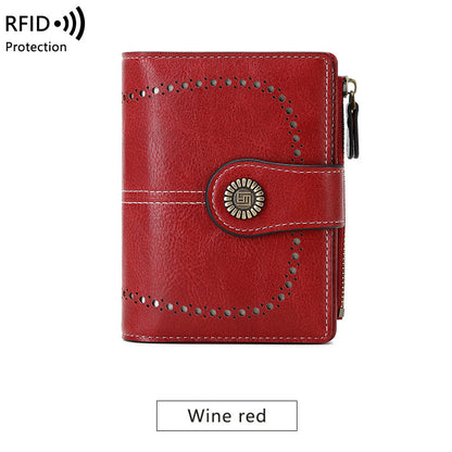 Cartera RFID para mujer, tarjetero corto de piel encerada, billetera cero, billetera moderna con hebilla y cremallera