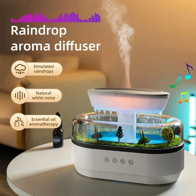 Humidificador de aroma estilo Raindrop con luces y difusión de aceites esenciales para el hogar.