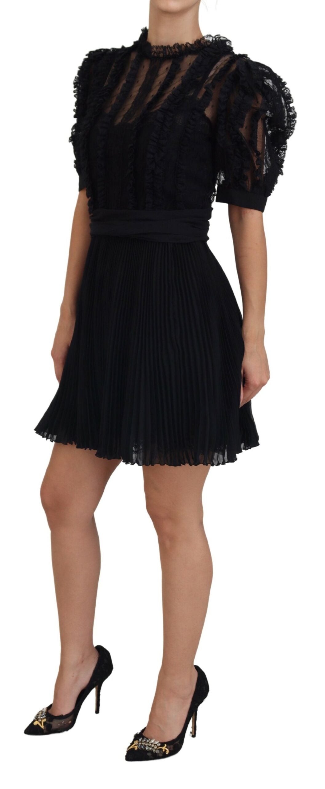 Dolce & Gabbana Black Lace Trim A-line Mini Nylon Dress