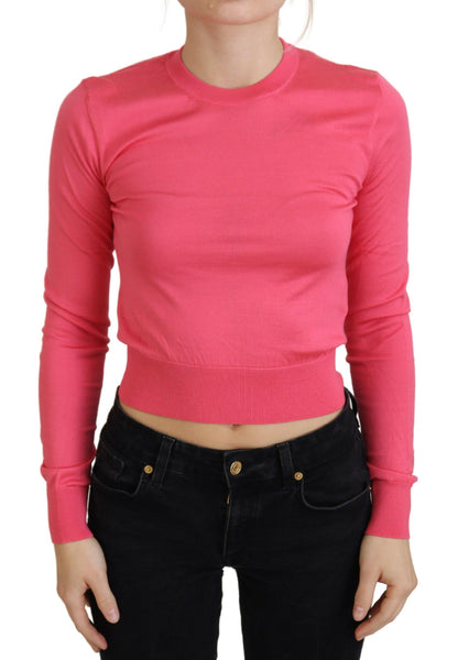 Dolce & Gabbana Pink Silk Cropped Crewneck Pullover Sweater