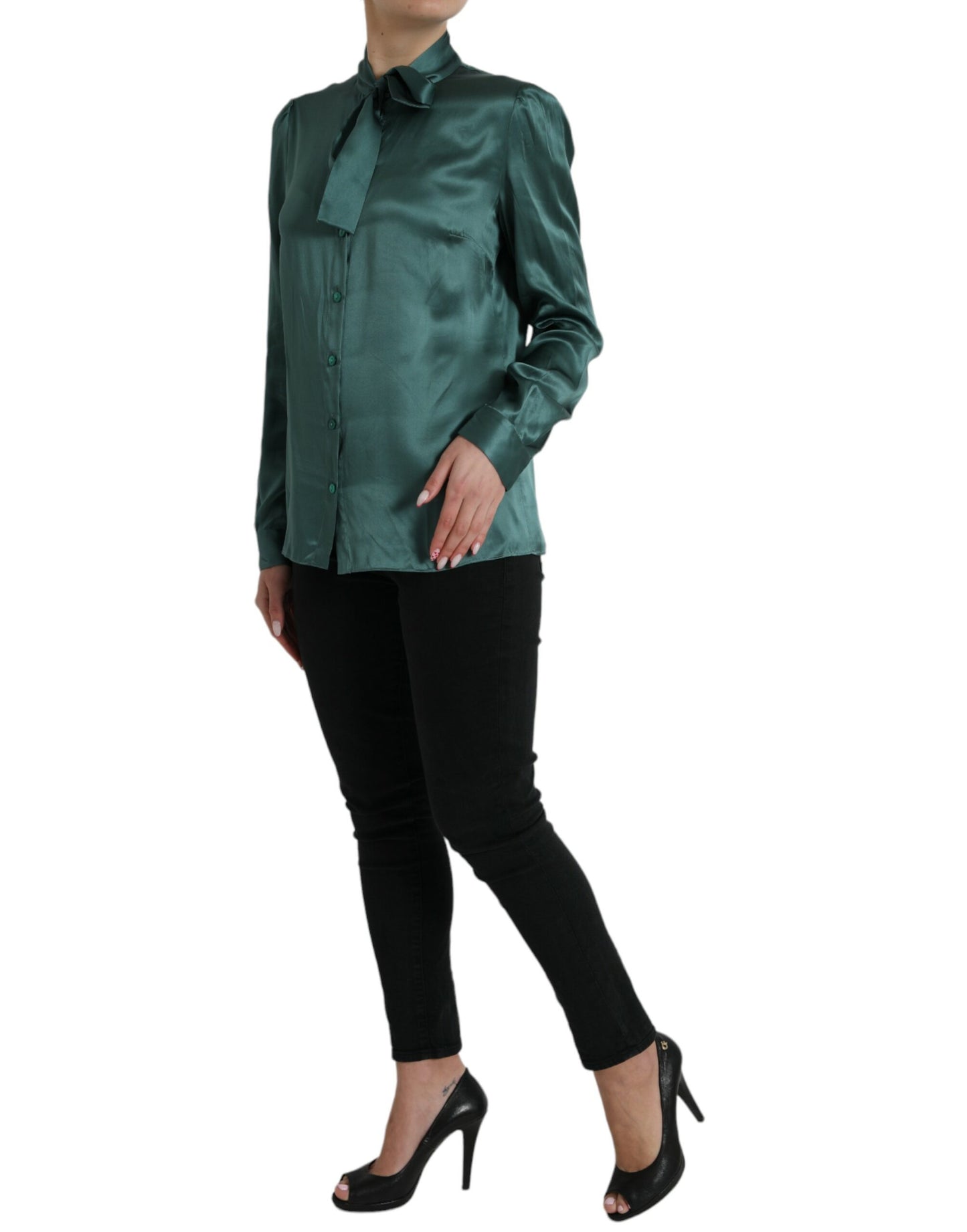 Dolce & Gabbana Dark Green Silk Ascot Collar Blouse Top