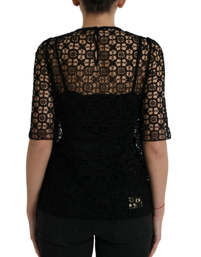 Dolce & Gabbana Black Floral Lace Short Sleeves Blouse Top