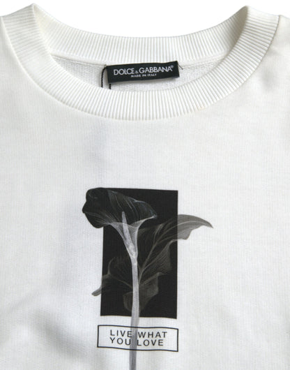 Dolce & Gabbana White Floral Cotton Crew Neck Pullover Sweater
