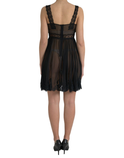 Dolce & Gabbana Black Silk Pleated Lace Chiffon Mini Dress