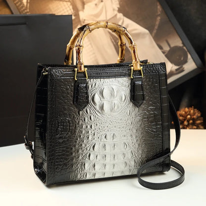 Bolso de mano de piel auténtica de bambú para mujer