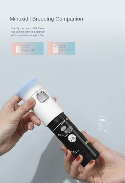 Dispositivo de medicina para el cuero cabelludo. Aporta líquido para el cuidado del cabello, peine medicinal