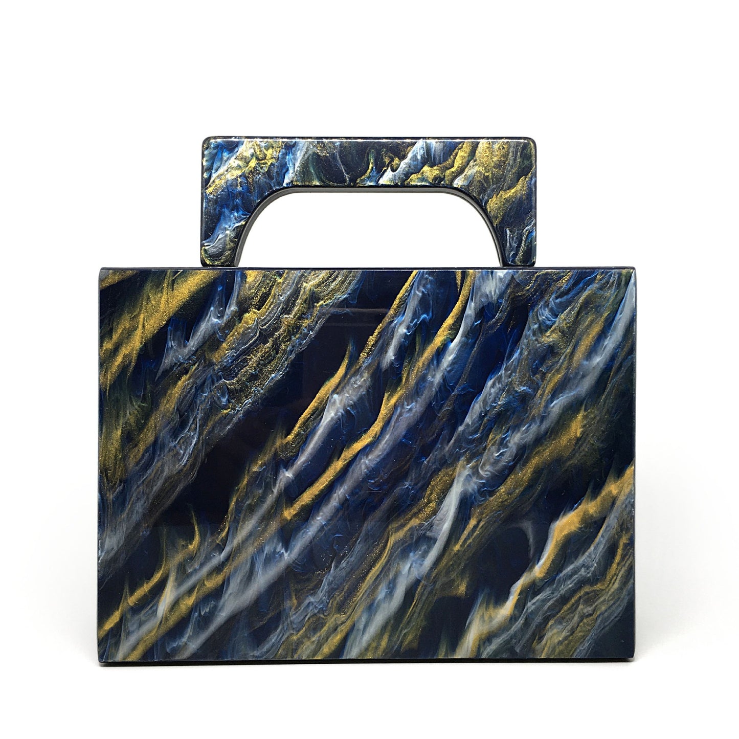 Bolso de noche acrílico con polvo dorado y pintura azul perlado.