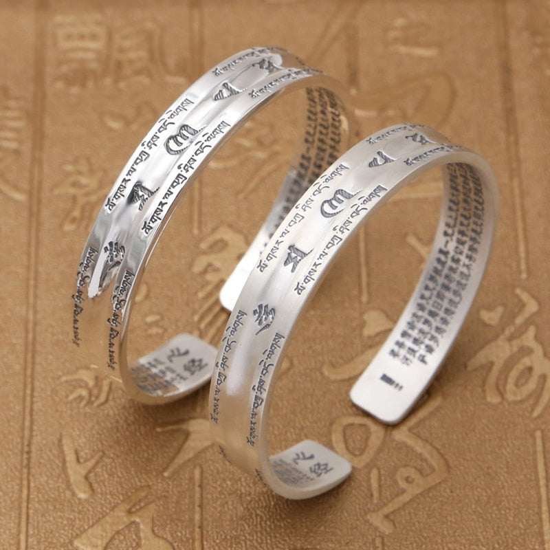 Brazalete de apertura para pareja, 100 % plata esterlina S999, para mujer y hombre, suave exfoliante, con escritura de Buda y mantra, joyería