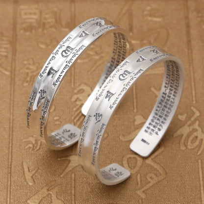 Brazalete de apertura para pareja, 100 % plata esterlina S999, para mujer y hombre, suave exfoliante, con escritura de Buda y mantra, joyería