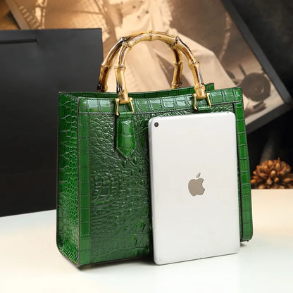 Bolso de mano de piel auténtica de bambú para mujer