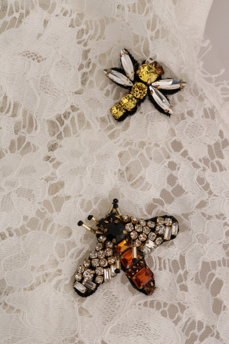 Dolce & Gabbana White Crystal Embellished Lace Blouse