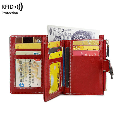 Cartera RFID para mujer, tarjetero corto de piel encerada, billetera cero, billetera moderna con hebilla y cremallera