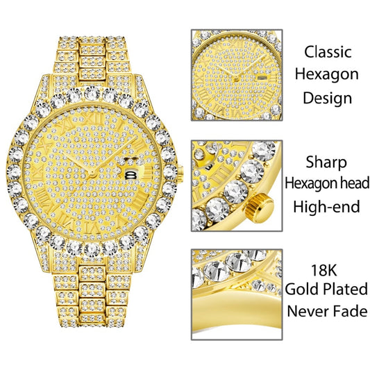 MISSFOX 2643Re Relojes para Hombre. Moderno simulando Diamante. Resistente al Agua. Oro de 18k Reloj Analógico de Cuarzo