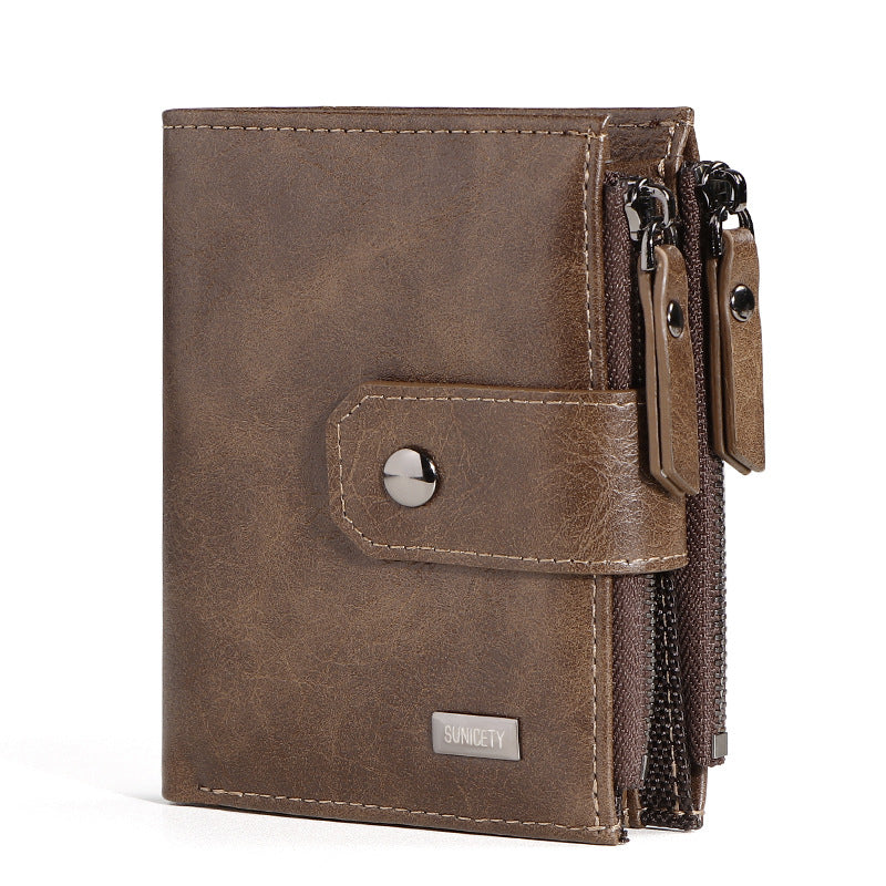Cartera corta fina de cuero con cremallera para hombre, monedero