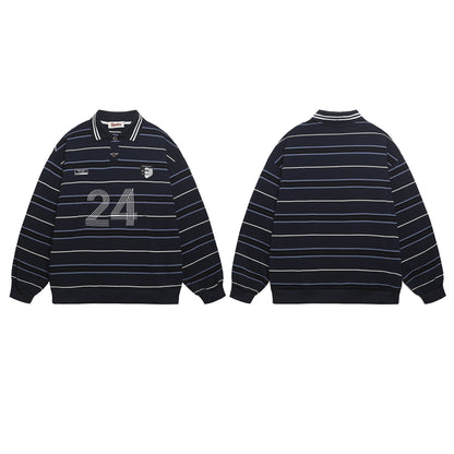 Sudadera unisex de rayas azules y blancas, holgada, informal, estilo relajado, versátil, con cuello polo