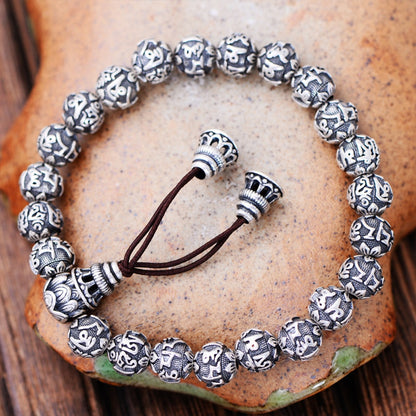 Pulsera de mantra budista de plata fina 999 maciza con cuentas de Buda para joyería vintage unisex, elástica, 17-22 cm