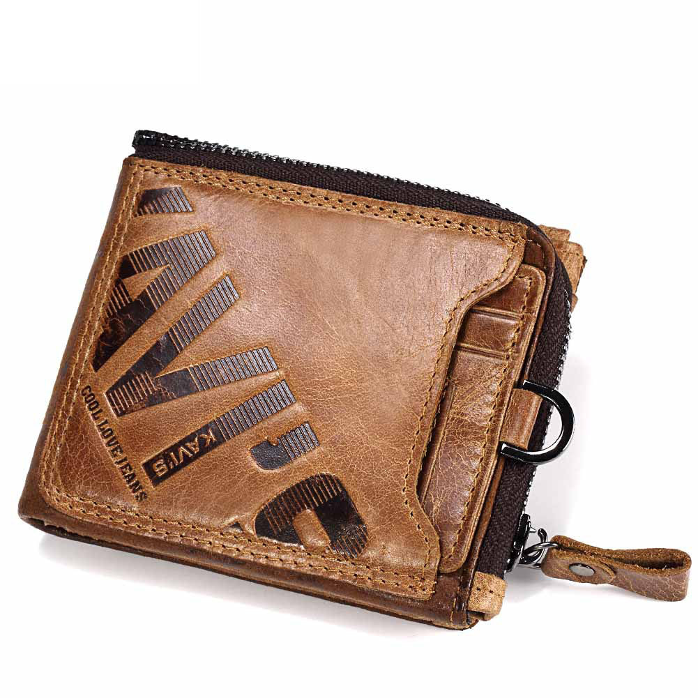 Cartera corta de piel de vaca auténtica para hombre, moderna, informal, con cremallera