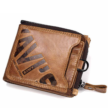 Cartera corta de piel de vaca auténtica para hombre, moderna, informal, con cremallera