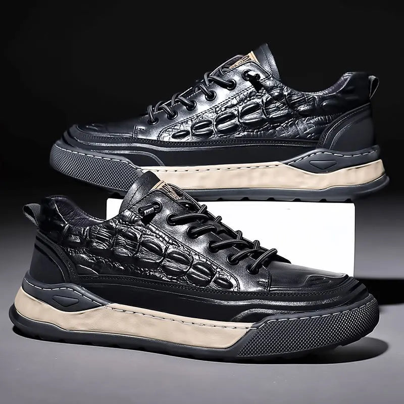 Zapatos deportivos de cuero genuino con cordones para hombre, zapatillas informales de moda