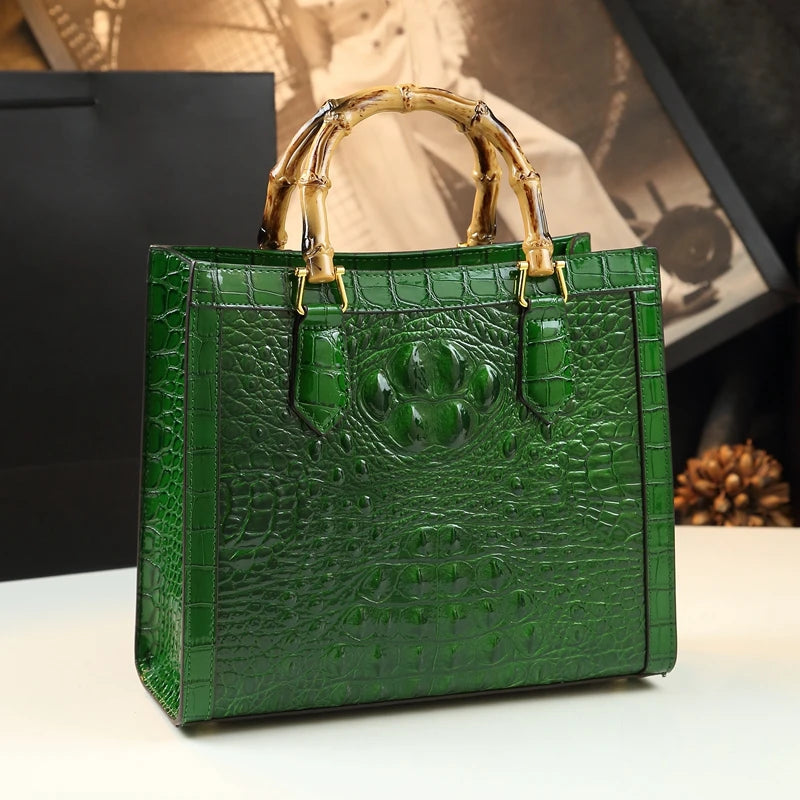Bolso de mano de piel auténtica de bambú para mujer