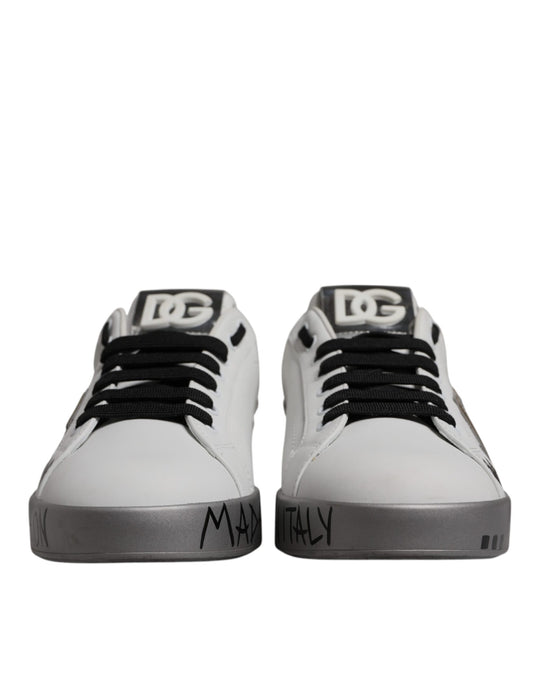 Dolce & Gabbana White Silver Crystal Logo Portofino Sneakers Shoes