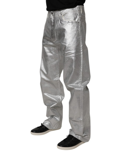 Dolce & Gabbana Metallic Silver Cotton Straight Denim Jeans