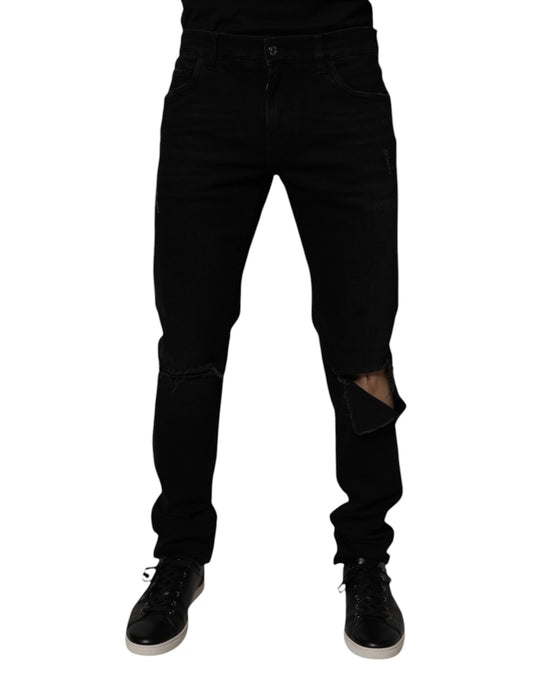Dolce & Gabbana Black Cotton Tattered Skinny Men Denim Jeans