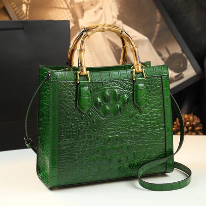 Bolso de mano de piel auténtica de bambú para mujer